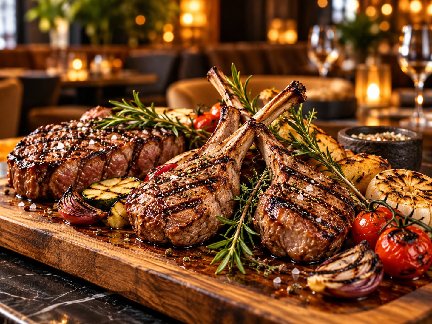 Grillplatte mit Lammkoteletts vom Holzkohlegrill