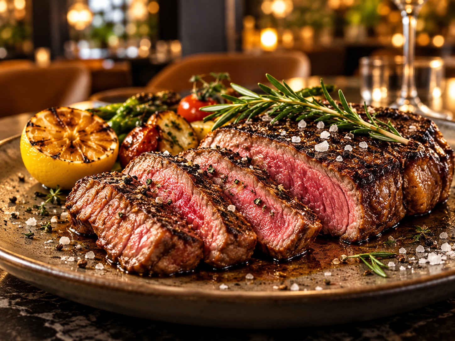 Saftiges Steak, angeschnitten im warmen Licht des Steakhouse